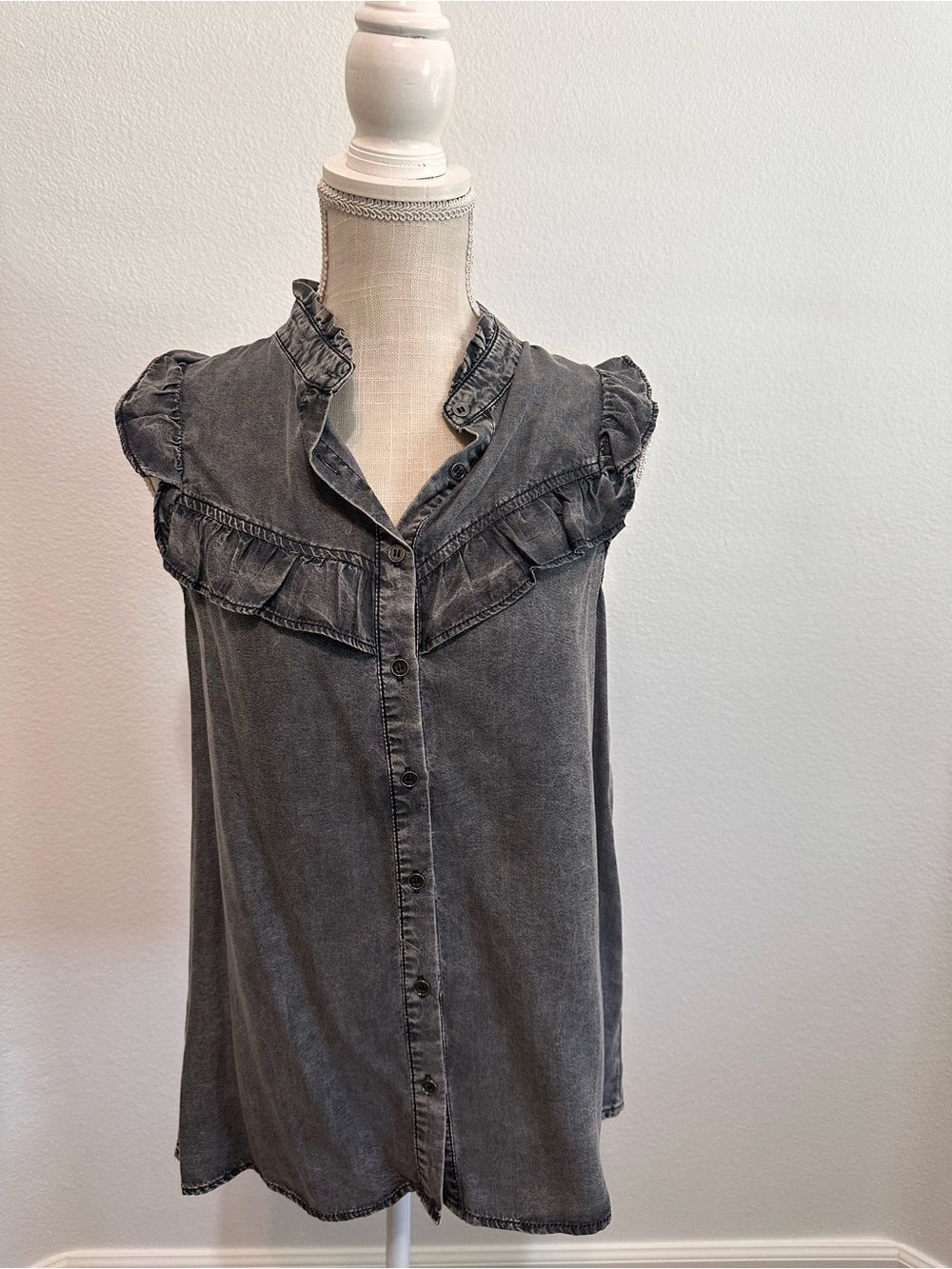 Doe & Rae Washed Black Ruffle Sleeve Button-Front Blouse